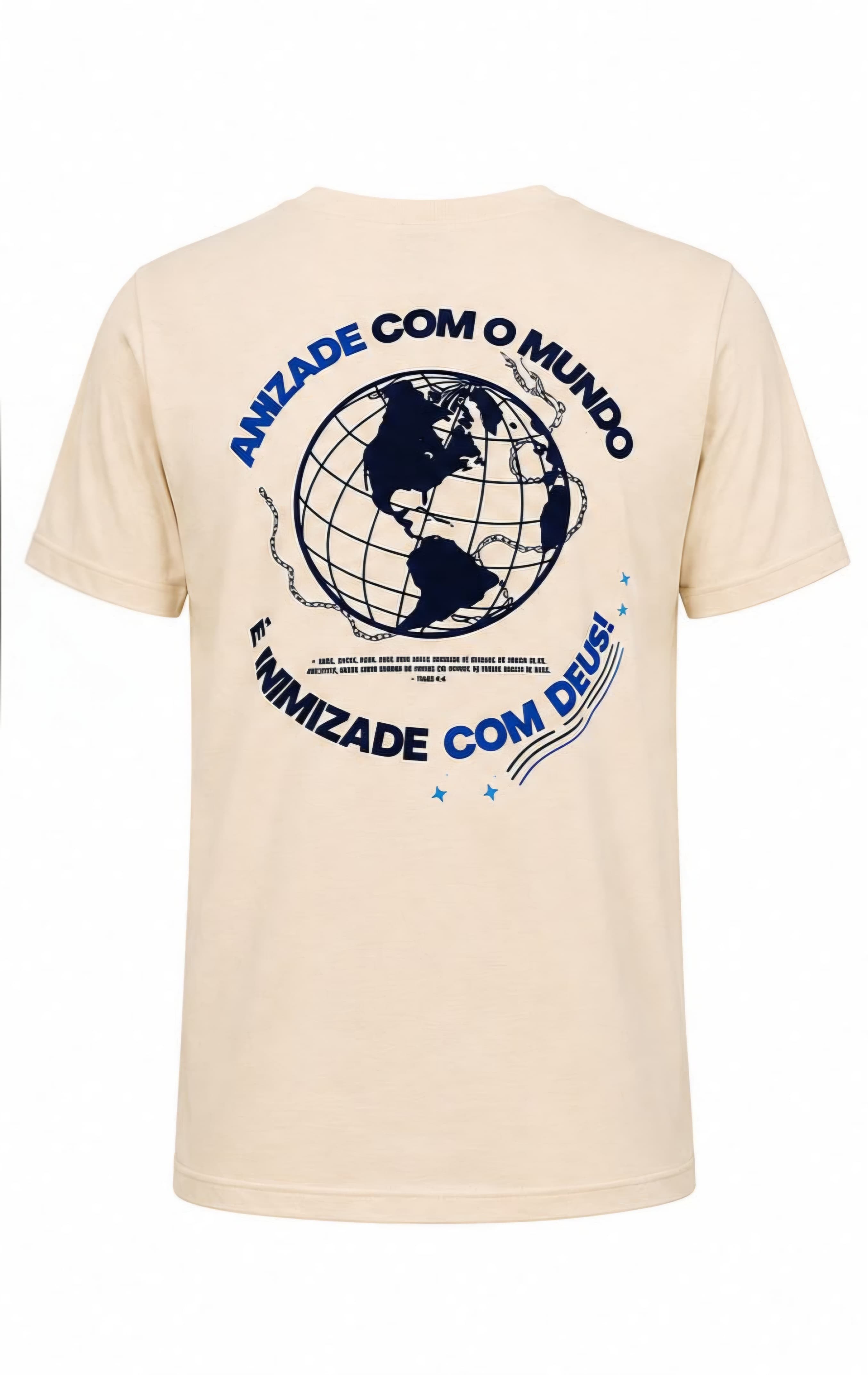 Costas da camiseta bege UMADECT, com a mensagem Amizade com o mundo é inimizade com Deus