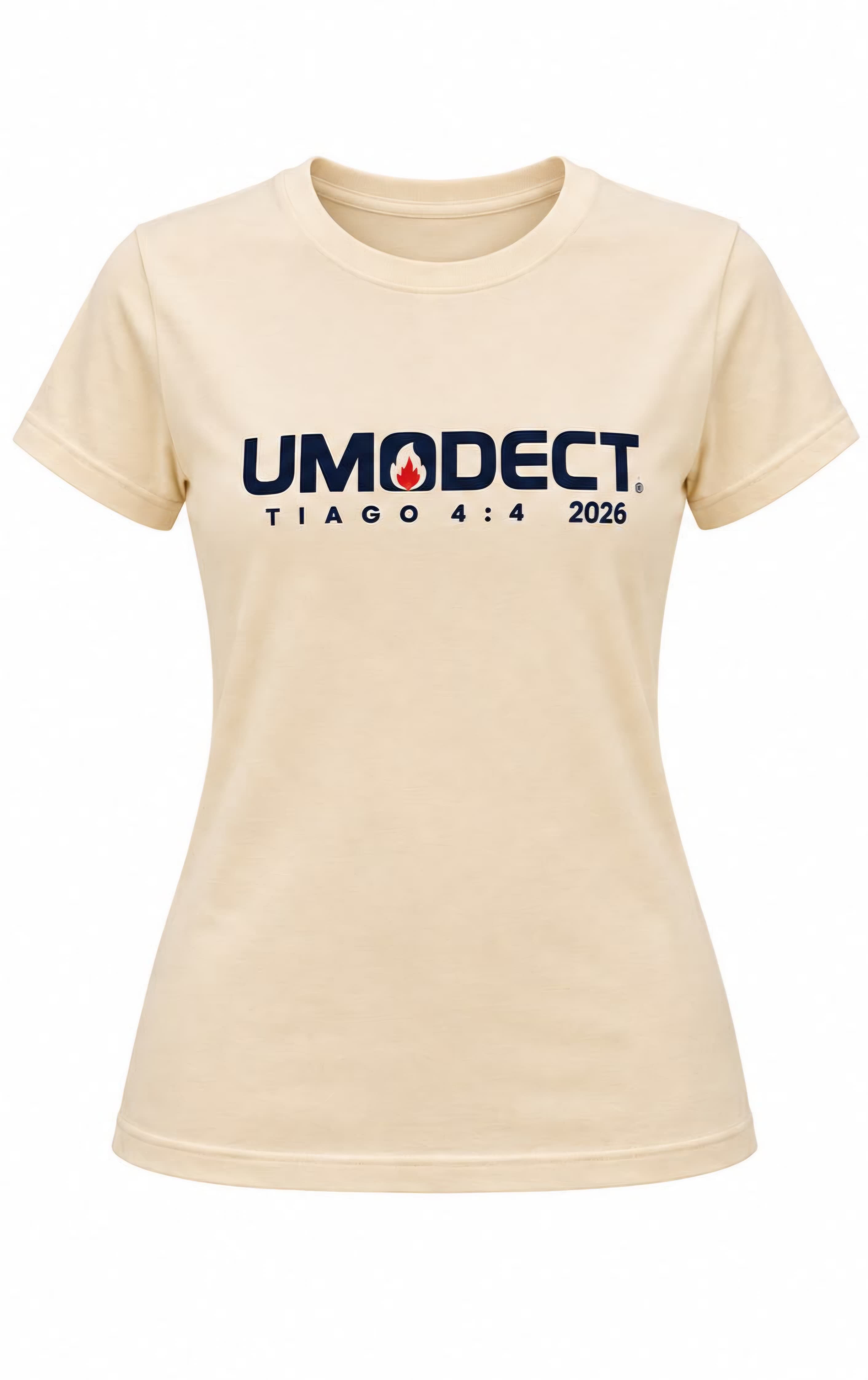 Camiseta babylook bege com estampa UMADECT Tiago 4:4 2026 na frente