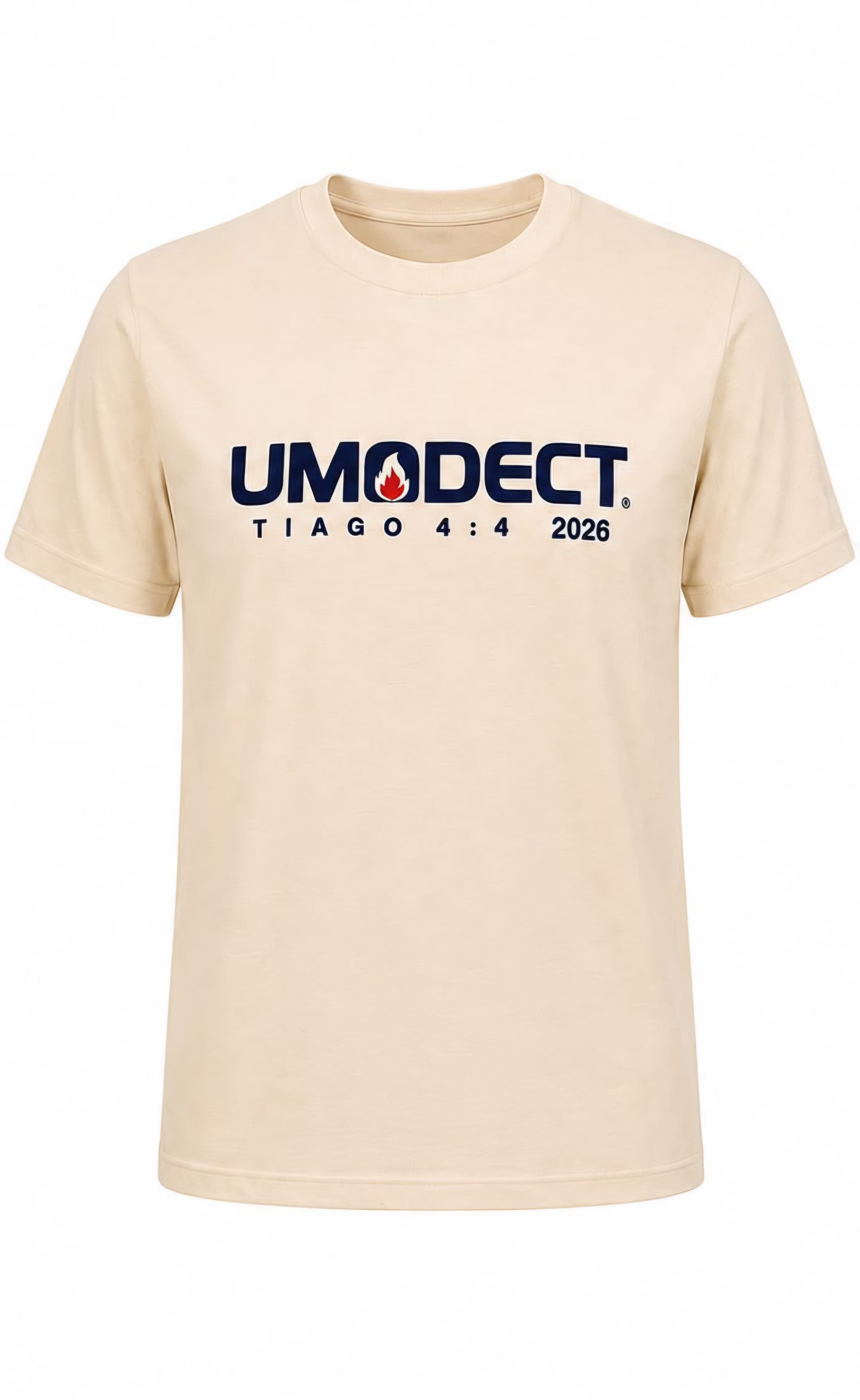 Camiseta bege com estampa UMADECT Tiago 4:4 2026 na frente